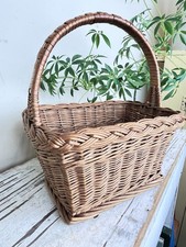 Vintage Hand Woven Wicker Willow Rectangular Gathering Basket With Arched Handle