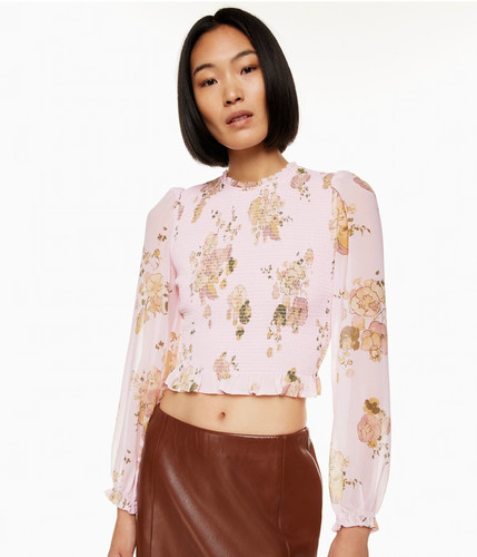 $138 Aritzia Wilfred Tempest Blouse Women's Size Small Pink Floral Smocked Top