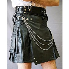 Men's Unisex Black Genuine Leather Utility Kilt - Gothic Warrior Scottish Style