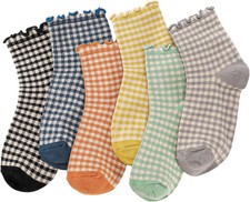 6 Pairs Women Ruffle Striped Frilly Socks, Cute Checkered Ankle Sock for Women C
