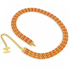 CHANEL CC Logo Orange Leather Triple Strand Belt 34" Gold Tone 97P Auth 4637