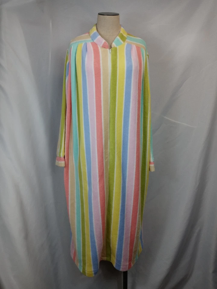 Vintage Saybury Robe Size M 70s 80s Pastel Rainbow Stripe Zip Fleece House Coat - Image 3 of 4