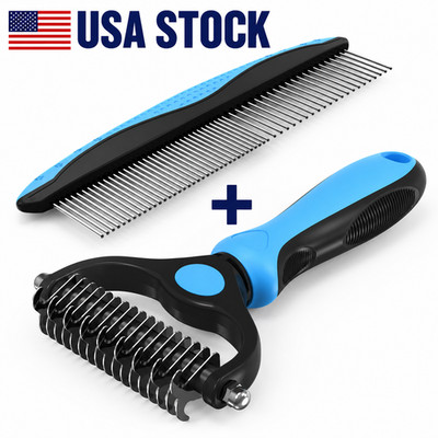 Pet Grooming Deshedding Brush & Metal Comb Set for Dogs Cats Long Matted Fur