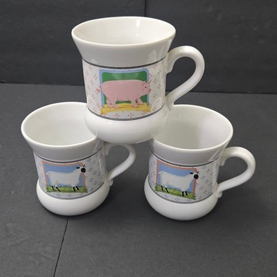 3 Vintage Vandor Country Farm Sheep Pig 1981 Pelzman Designs Coffee Mugs Cups