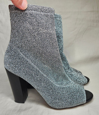 ALDO Ankle Sock Boots Womens 9 Silver Black Shimmer Stretch Open Toe Block Heel