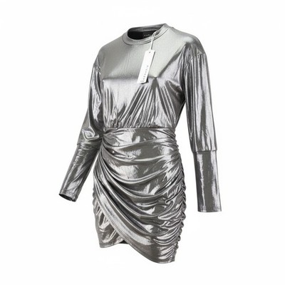 JOHN RICHMOND Damen Kleid S Silber Glänzend Langarm Mock Neck Mini Fit *