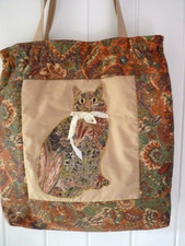 HAND MADE BAG WITH CAT TO FRONT WITH GLASS EYES BACK POCKET DRAWSTRING CLOSE