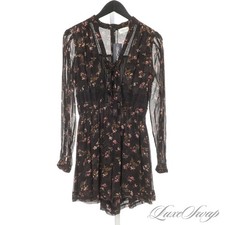 LNWOT Zimmermann Black Floral Ruffled Ruched V-Neck Chiffon Long Sleeve Dress 1