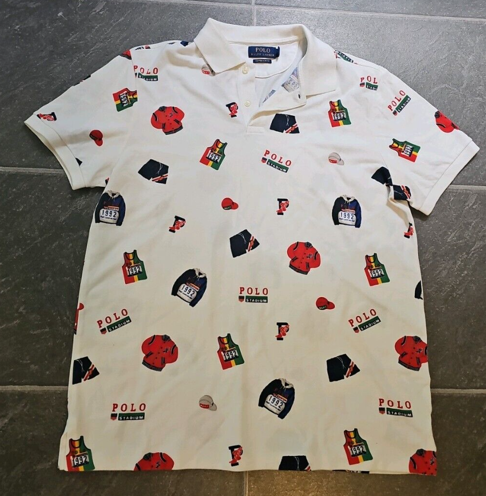 POLO RALPH LAUREN 1992 STADIUM ALL OVER PRINT POLO SHIRT SZ POLO RALPH LAUREN 1992 STADIUM ALL OVER PRINT POLO SHIRT SZ
