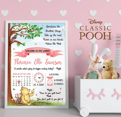 Personalised Winnie The Pooh New Baby Wall Print • Pooh Bear Nursery Prints Gift