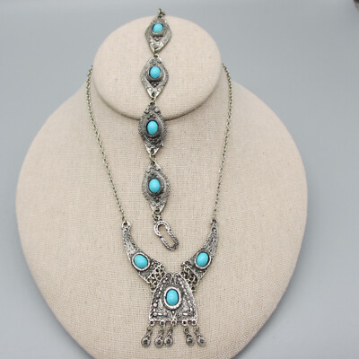 Simulated Turquoise Necklace Bracelet Silver Tone Dangles Cabochon Choker 