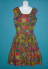 Vtg 60s Fit and Flare Cotton Dress Olive Green MOD Circles Rockabilly Sz S/M