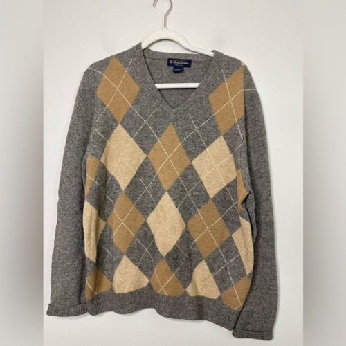 Brooks Brothers V-Neck 100% Kamelhaar Pullover Sweater Herren M Argyle Preppy
