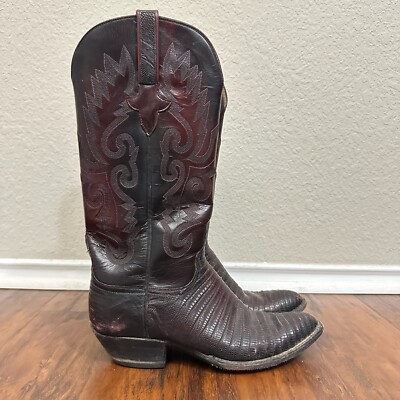 LUCCHESE Kip Lizard Boots Men Black Cherry Leather Pull On Western Cowboy LUCCHESE Kip Lizard Boots Mens Sz 7B Black Cherry Leather  main image 2