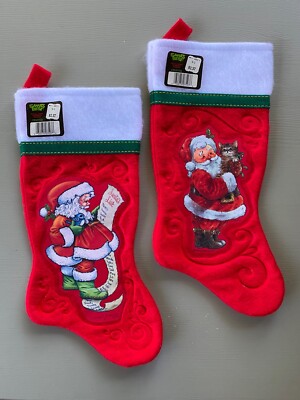 Vintage Christmas Stocking 1983 Giordano Art Santa w/ Cat Bird NOS K-Mart 