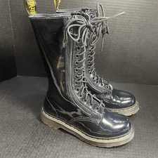 Retro Double Zipper Dr Martens Patent Leather 14 Hole Tall Boots UK 3 US 5