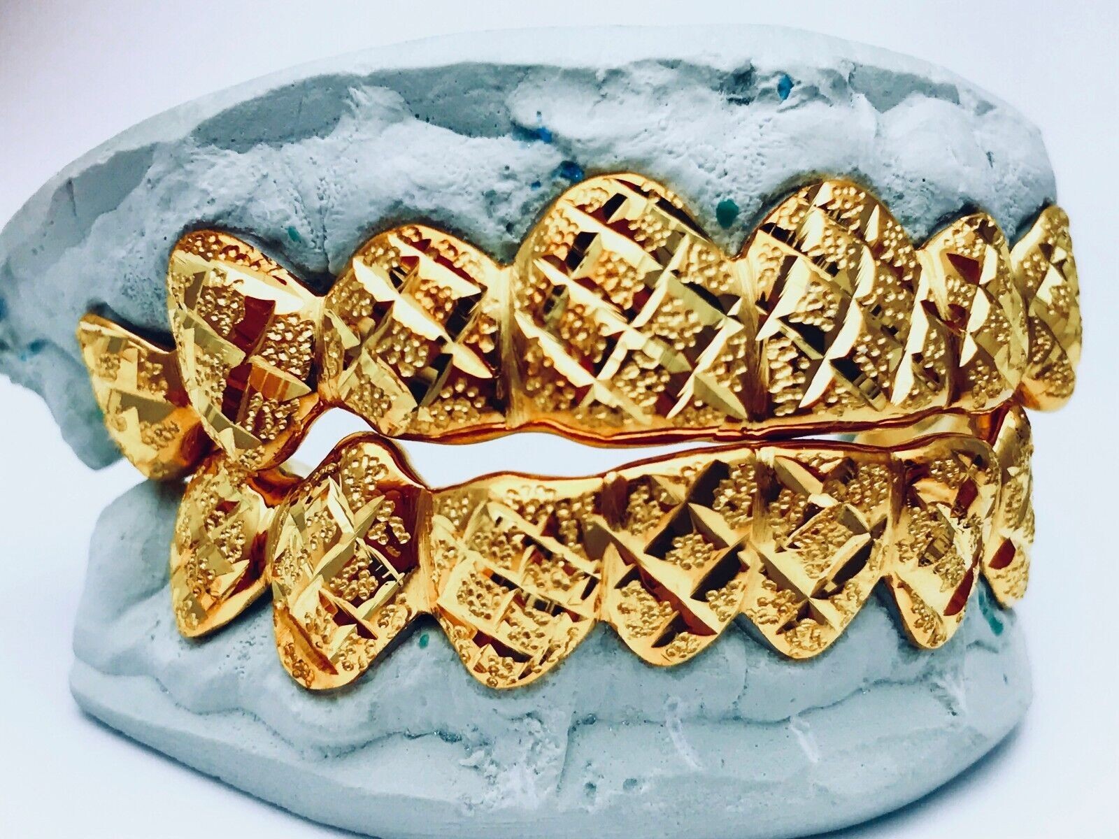 STERLING SILVER W/ 18K YELLOW GOLD PLATED PRINCESS DUST CUT  GRILLZ