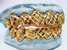 STERLING SILVER W/ 18K YELLOW GOLD PLATED PRINCESS DUST CUT  GRILLZ