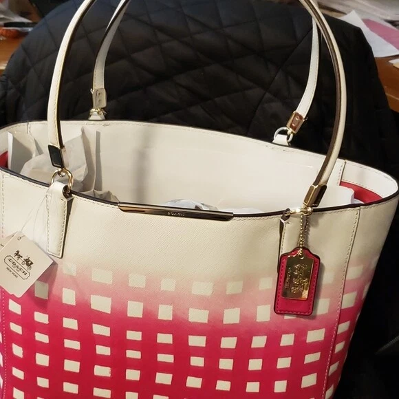 NUEVO &Tag - Bolso de Mano Coach 30118 Madison Gingham East West Safanio Cuero Blanco/Rosa Foto 2 de 2
