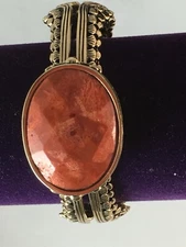 STUDIO BARSE Bronze Free Framed faceted Coral Stone Cuff Bracelet ~ M/L