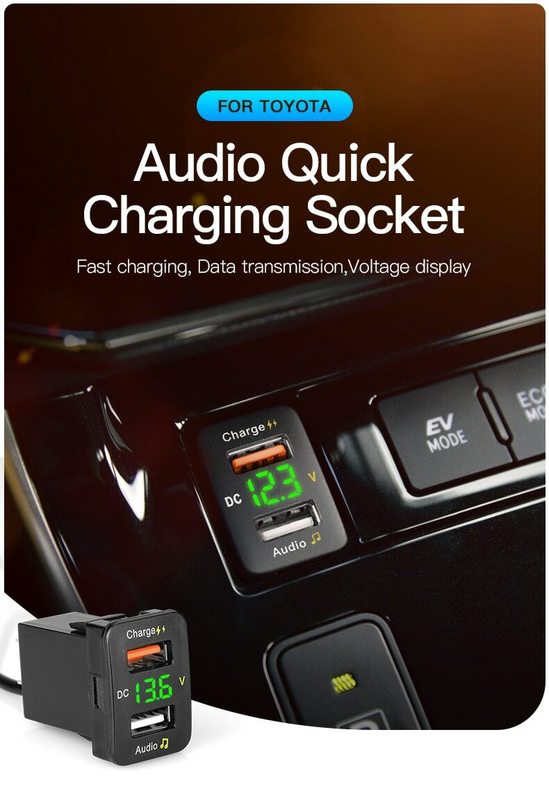 Tablet Car 36W QC3.0 Car Fast Charger 12V Dual Port Phone USB Socket Voltmeter For Toyota E Morsetto Batteria Auto