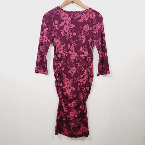 Isabel Maternity 3/4 Scoop Maternity T-shirt Dress Ruched Burgundy Floral XS
