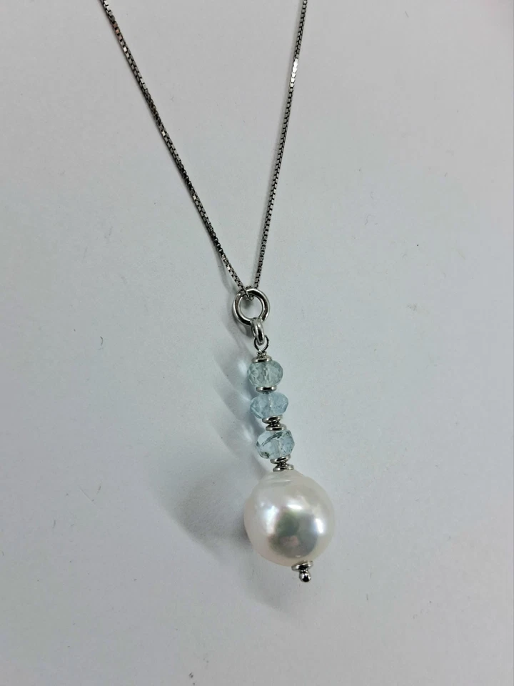 Collana in argento 925 con perla barocca bianca 10/12 mm e acquamarina naturale - Immagine 3 di 4