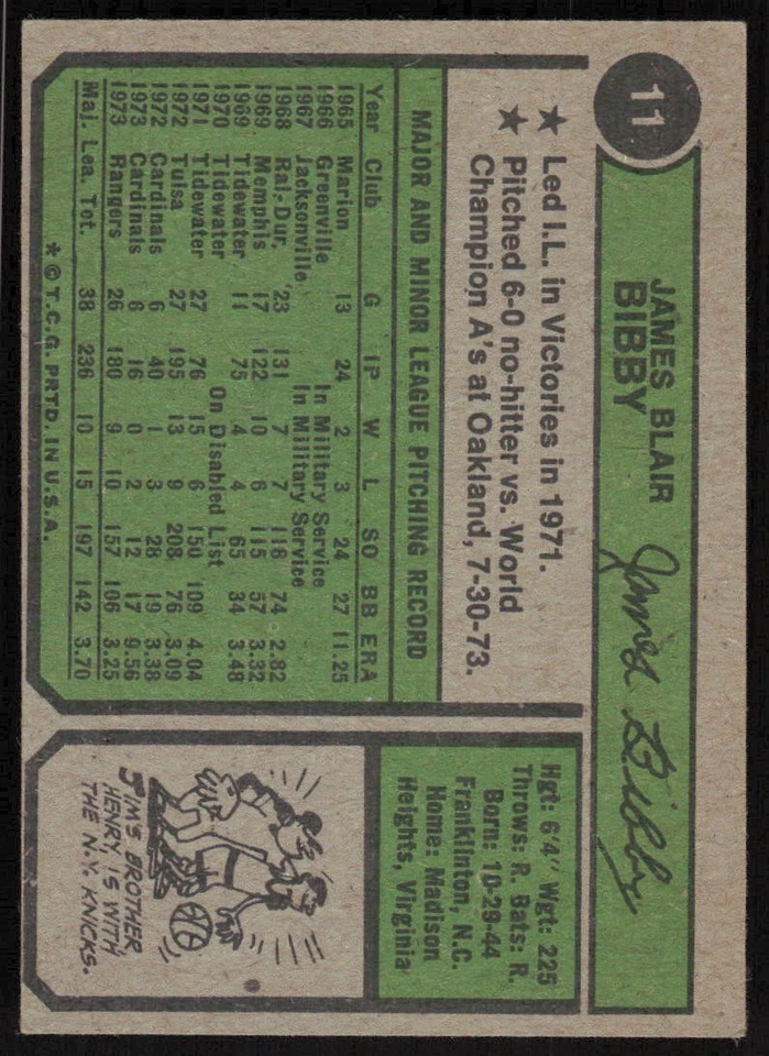 1974 Topps #11 Jim Bibby - $1 SHIPPING (JB4) - Image 2 of 2