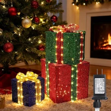 Set of 3 Christmas Lighted Gift Boxes - Pre Lit Presents Christmas Boxes with Di
