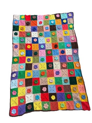Rare 3D Rosette Crochet Granny Square Handmade Throw Blanket Multi Color