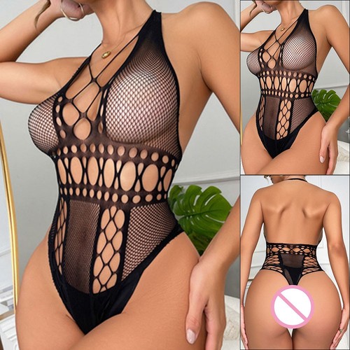Women's Deep V Fishnet Hollow Bodysuit Sexy See Though Lingerie Clubwear - Picture 3 of 11