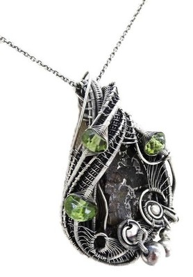 Seymchan Pallasite Meteorite Necklac, Wire-Wrapped in Sterling Silver w Peridot