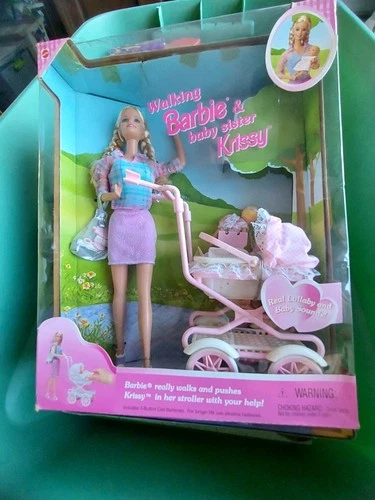 Vtg 1999 Walking Barbie & Baby Sister Krissy Set-New In Box