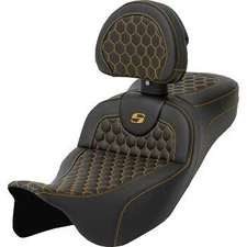 Saddlemen Roadsofa Extended Reach Seat w/ Backrest Gold Honeycomb Stitch - 08-23