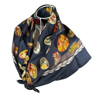 RARE VTG HERMES Carre 90 Silk Scarf ''Couvee d'Hermes'' C. Latham Charcoal Gray NM