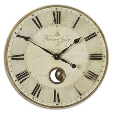 Rustic Wall Clock with Weathered Cream Face and Brass Components with Pendulum -