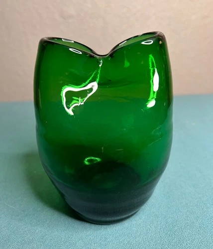 Vintage MCM Pinched Vase Hand Blown Art Glass Green Blenko Style 5"