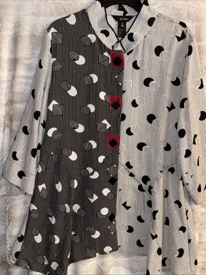 ALI MILES Lagenlook Abstract Tunic Mandarin Collar Black White Red Size XL NWT