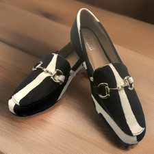 Alfani Step n Flex Women?s 7 Dark Brown Beige Haircalf Calfhide Gold Bit NWOT