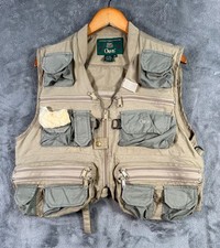 Vintage Orvis Fly Fishing Vest Mens Medium Khaki Tan Utility Full Zip Pockets