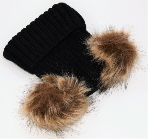 Baby Winter Warm Hat Newborn Knit Hat Infant Beanie - Black With Furry Pom Poms - Picture 4 of 6
