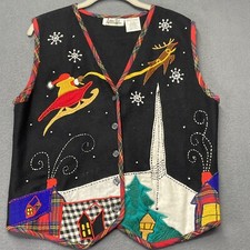 Vtg Ashley Hill Christmas Vest Ugly Sweater Wool Embellished Santa Reindeer