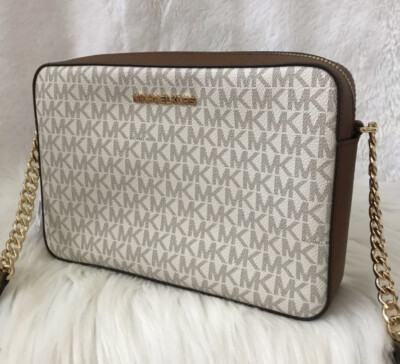 New Michael Kors Jet Set MK Signature Vanilla EW Crossbody Messenger Bag 