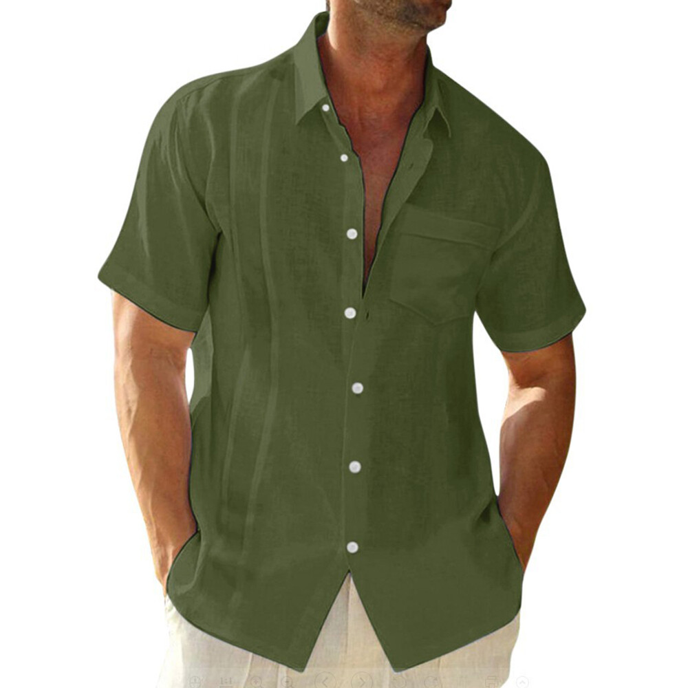 Men Cotton Linen Beach Shirts Casual Solid Button Up Short Sleeve Loose