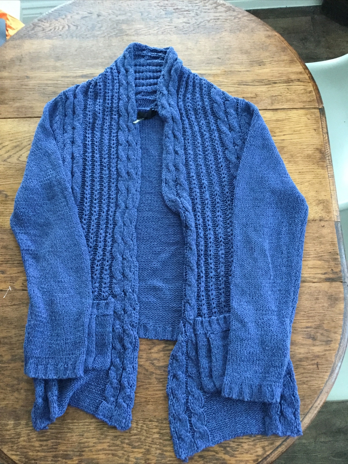 Indigo Blue Longline Loose Cardigan Wrap. Cable Knit. Pockets. Cosy