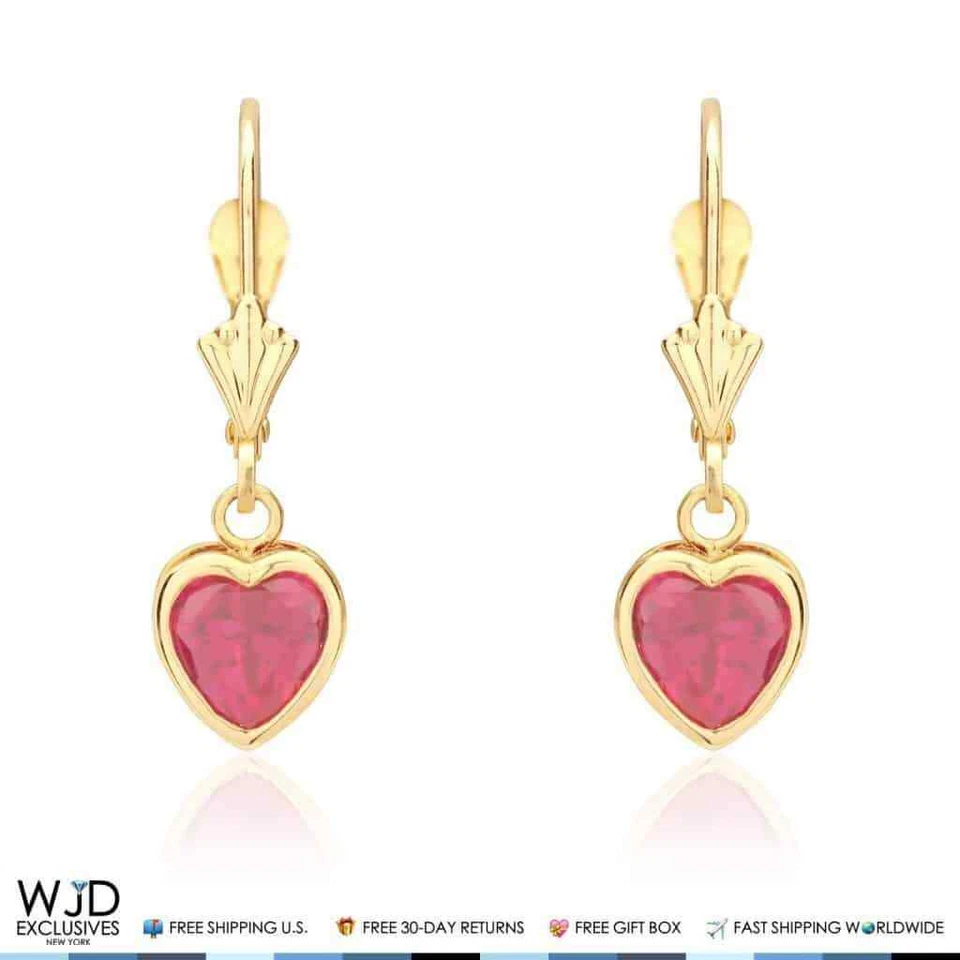 14K Yellow Gold Bezel Heart Dangle Leverback Earrings 1" with Ruby Gem Accent - Image 3 of 4