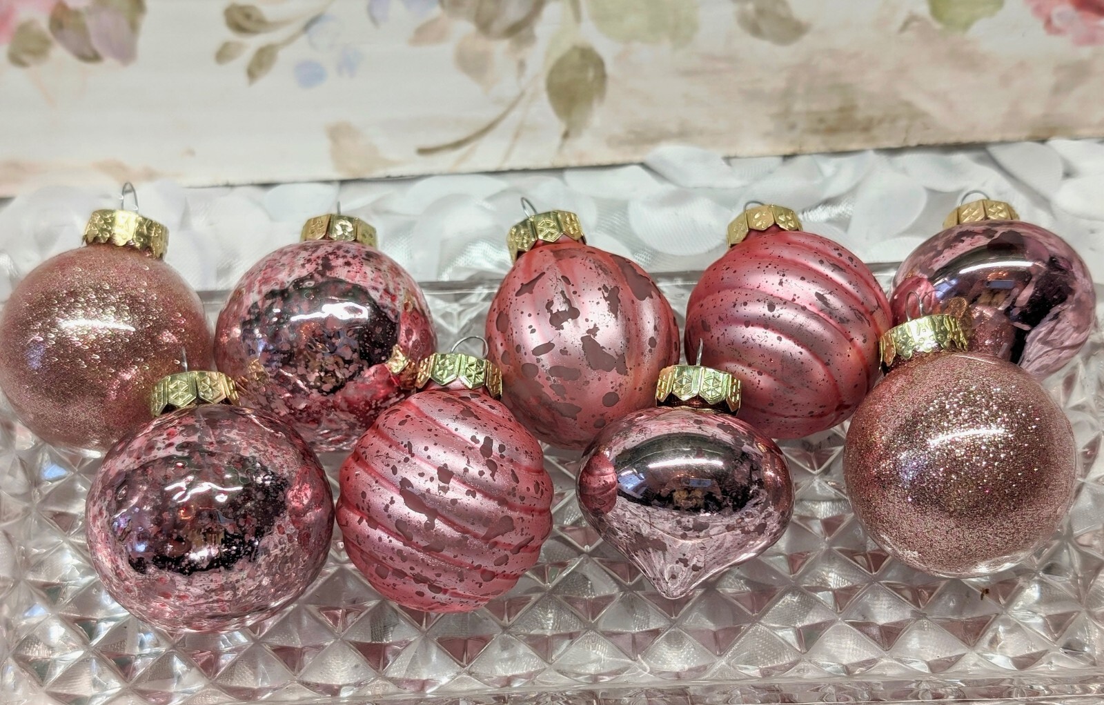 Shabby Victorian Chic Set 9 Rose Pink Glass Mini Kugel Style Christmas ...