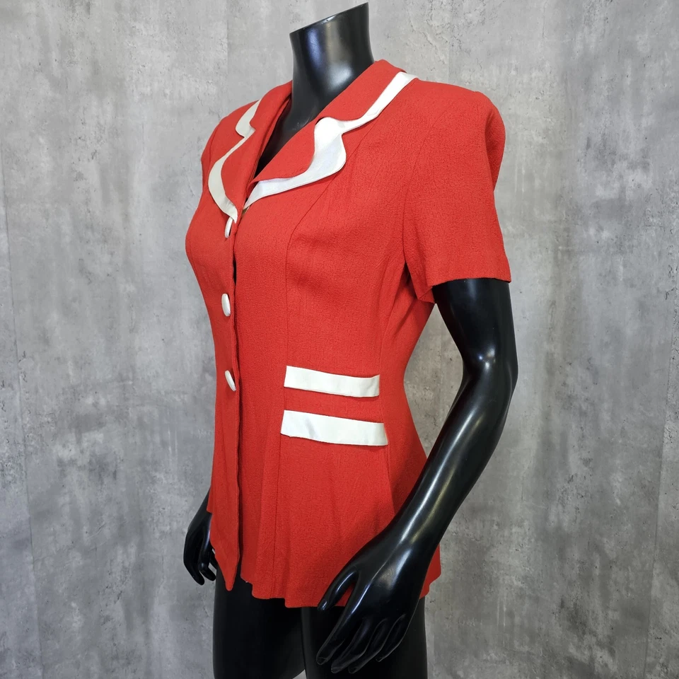 Vintage 80s 90s YES Womens M Red Crepe 3 Button Tailored Short Sleeve Blazer - Image 4 of 4