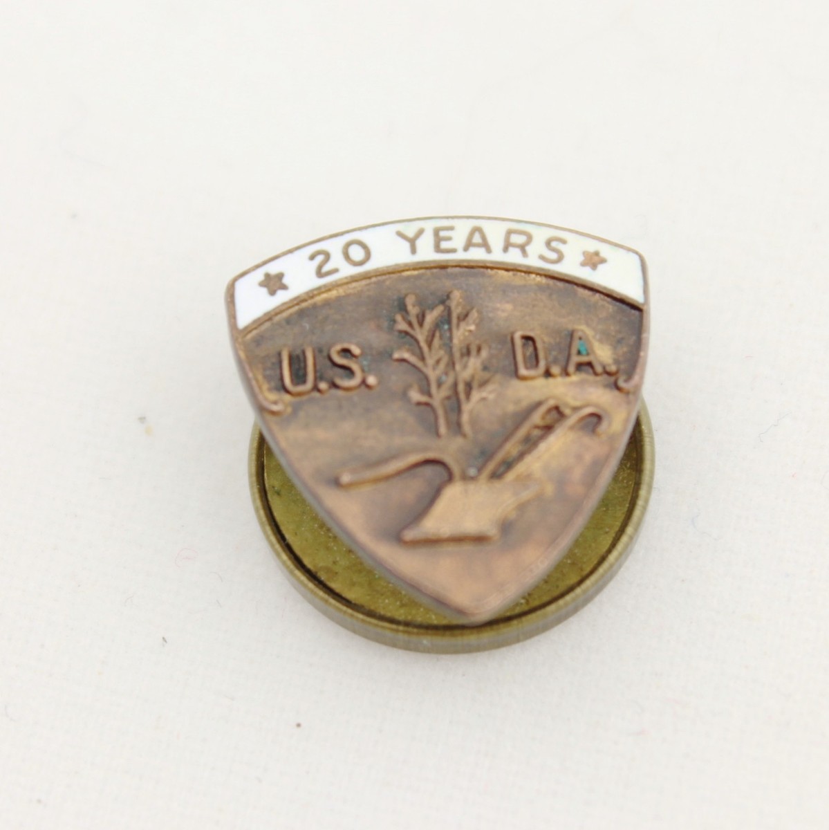 Vintage USDA 20 Service Award Pin White Lapel Pin Bronzed Copper Screw Back  .5