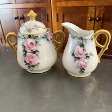 5.25” T CREAM & SUGAR set hand painted Pink Roses & Gold, Unmarked But Luscious